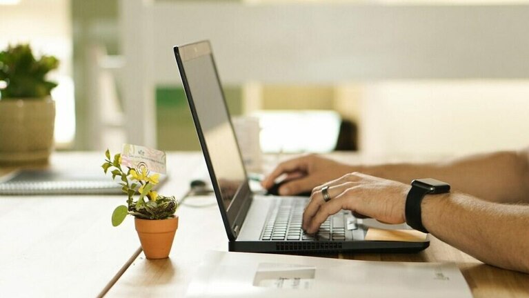 Laptop auf einem Tisch mit einer kleinen Pflanze und einer Mappe daneben. Ein Mensch tippt etwas in die Tastatur.