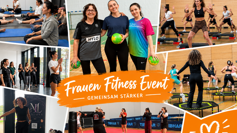 Foto-Collage zum Frauen-Fitness-Event mit Bildern, die verschiedene Gymnastikgruppen zeigen