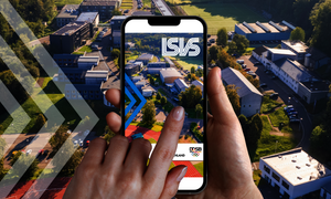 Werbegrafik für die neue App des LSVS im Hintergrund mit einer Ansicht des Sportcampus Saar