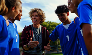 Eine Trainerin bespricht sich auf dem Sportplatz mit ihrem Team