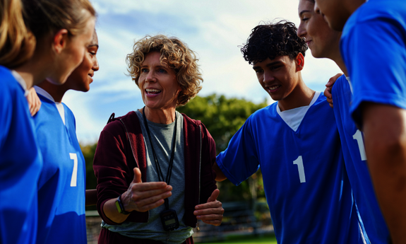 Eine Trainerin bespricht sich auf dem Sportplatz mit ihrem Team
