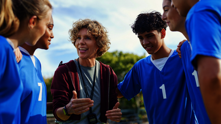 Eine Trainerin bespricht sich auf dem Sportplatz mit ihrem Team
