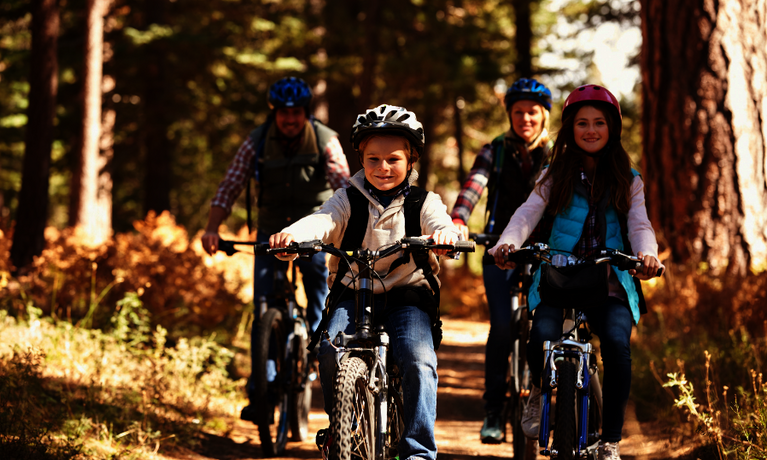 Eine Familie fährt auf dem Mountainbike durch den Wald