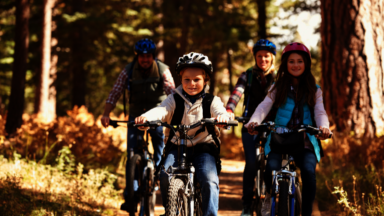 Eine Familie fährt auf dem Mountainbike durch den Wald