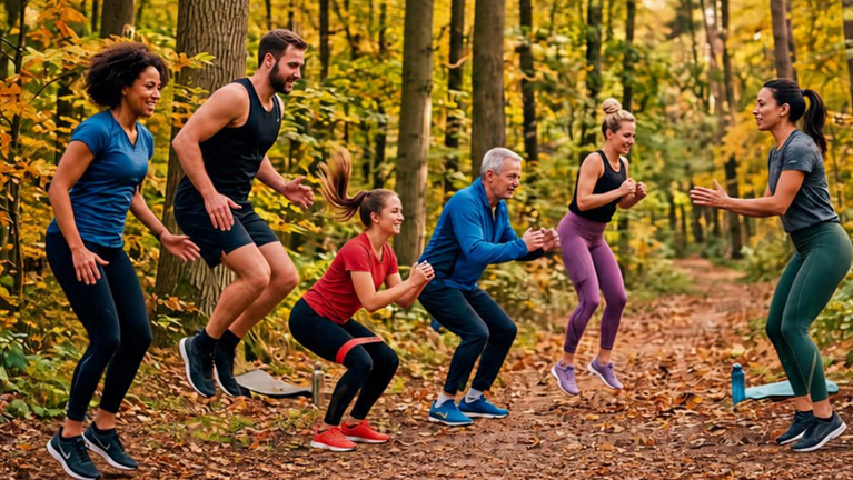 Sportler machen Sprunübungen im Wald