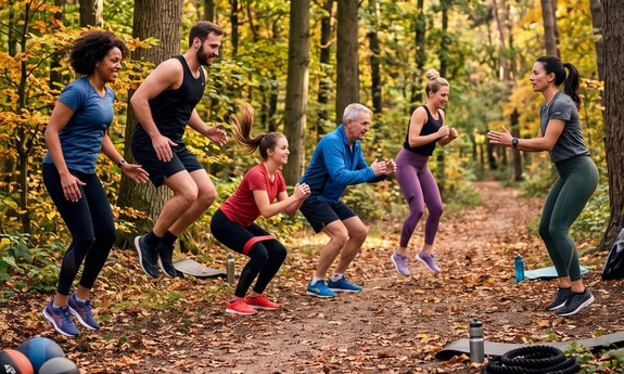Eine Gruppe Sportlerinnen und Sportler beim Outdoorsport im Wald