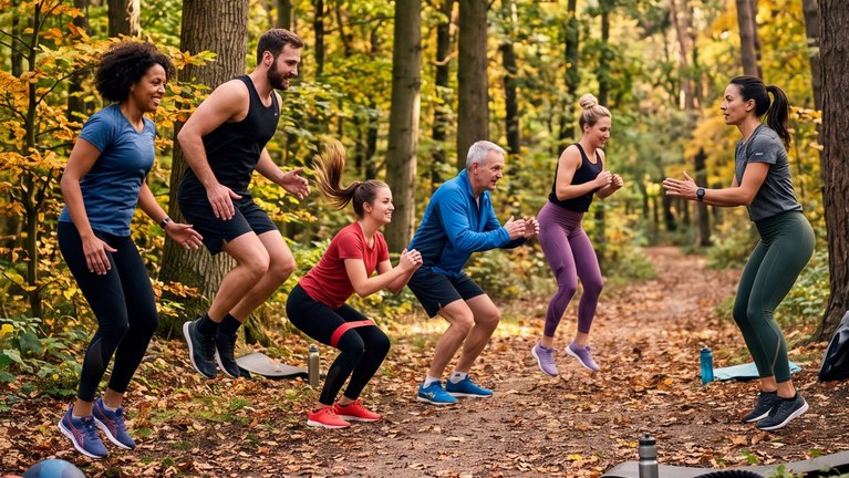 Eine Gruppe Sportlerinnen und Sportler beim Outdoorsport im Wald