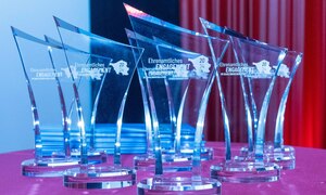 glänzende Ehrenamtspreise stehen auf einem Tisch und warten auf ihren Gewinner