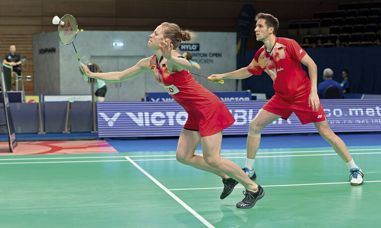 Das deutsche Badminton Nationalteam spielt Doppel