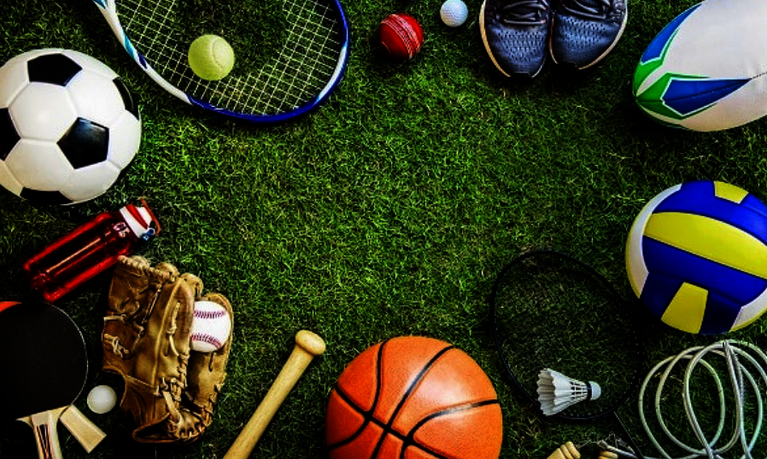 Verschiedenen Sportgeräte wie Fußball und Volleyball sind kreisförmig auf dem Rasen angeordnet