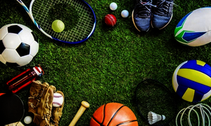 Bild mit verschiedenen Sportgeräten auf einen Rasen gelegt