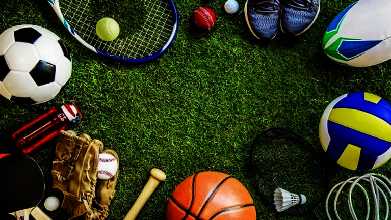 Verschiedenen Sportgeräte wie Fußball und Volleyball sind kreisförmig auf dem Rasen angeordnet