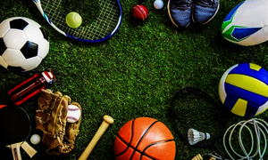 Verschiedenen Sportgeräte wie Fußball und Volleyball sind kreisförmig auf dem Rasen angeordnet